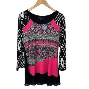 Calessa Top Womens Medium Multicolor Boho Tunic Pink‎ Black Crochet Hem Festival